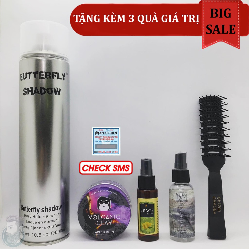 {Combo} Sáp Vuốt Tóc Volcanic Clay Và Gôm Xịt Tóc Butterfly 600ml + Tặng Pre Styling, Hair Lotion & Lược