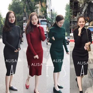 Váy body cổ lọ thun gân