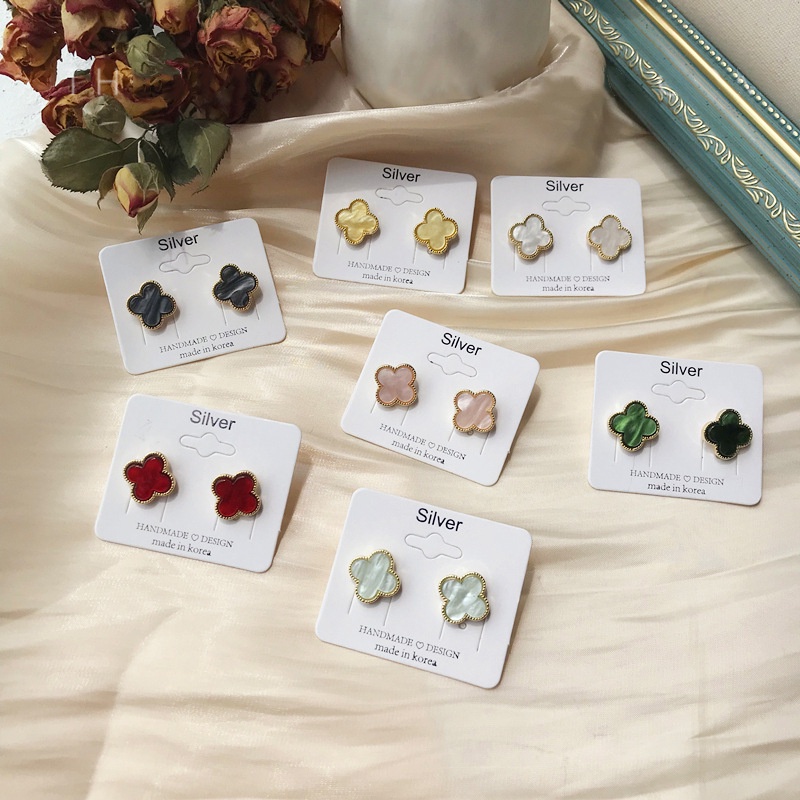 BESFOME mạ vàng 18k thời trang cổ điển s925 bạc bốn lá bông tai hoa tai trang sức đinh tán cho phụ nữ