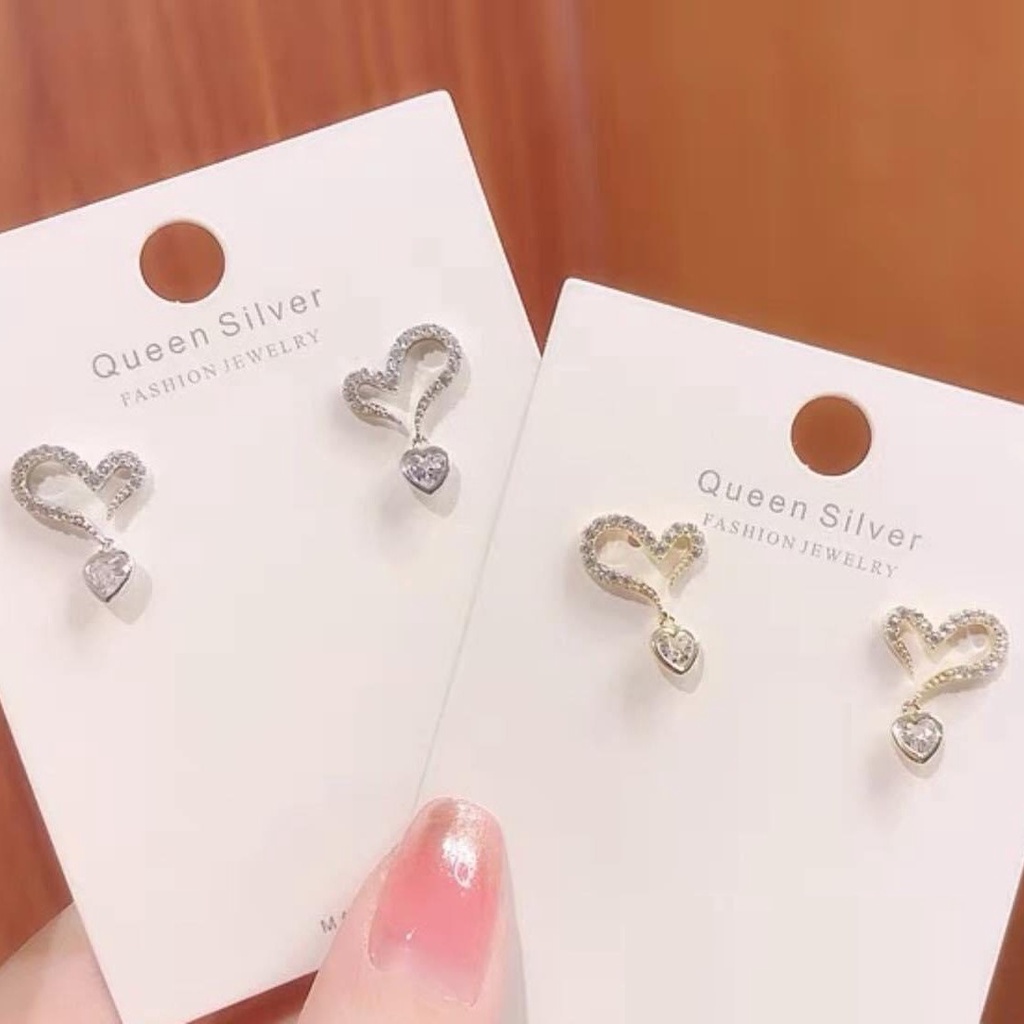 Khuyên tai bạc nữ cao cấp hình trái tim đính đá Evasilver, chất liệu bạc ta sang trọng nữ tính