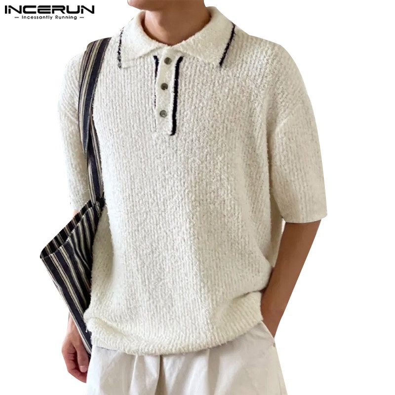 Áo thun polo INCERUN dệt kim ngắn tay phong cách vintage thời trang dành cho nam