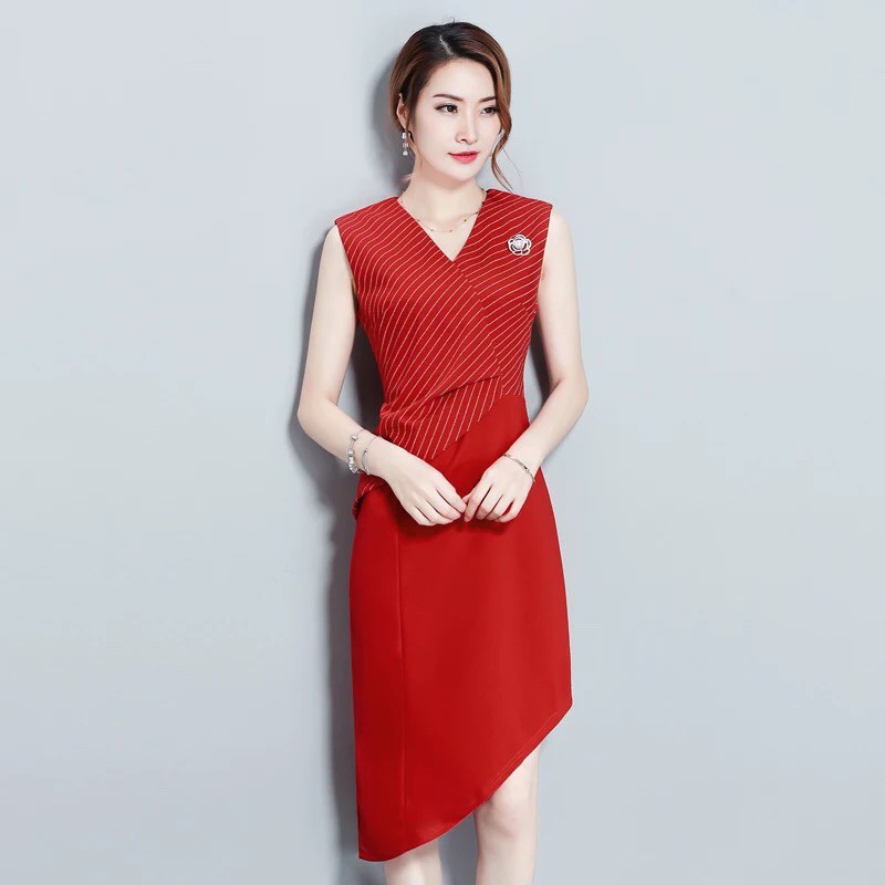 [Kho Đầm Sỉ] Đầm công sở vạt xéo phối sọc (Màu Đỏ) - Mã SP: PC726DO
