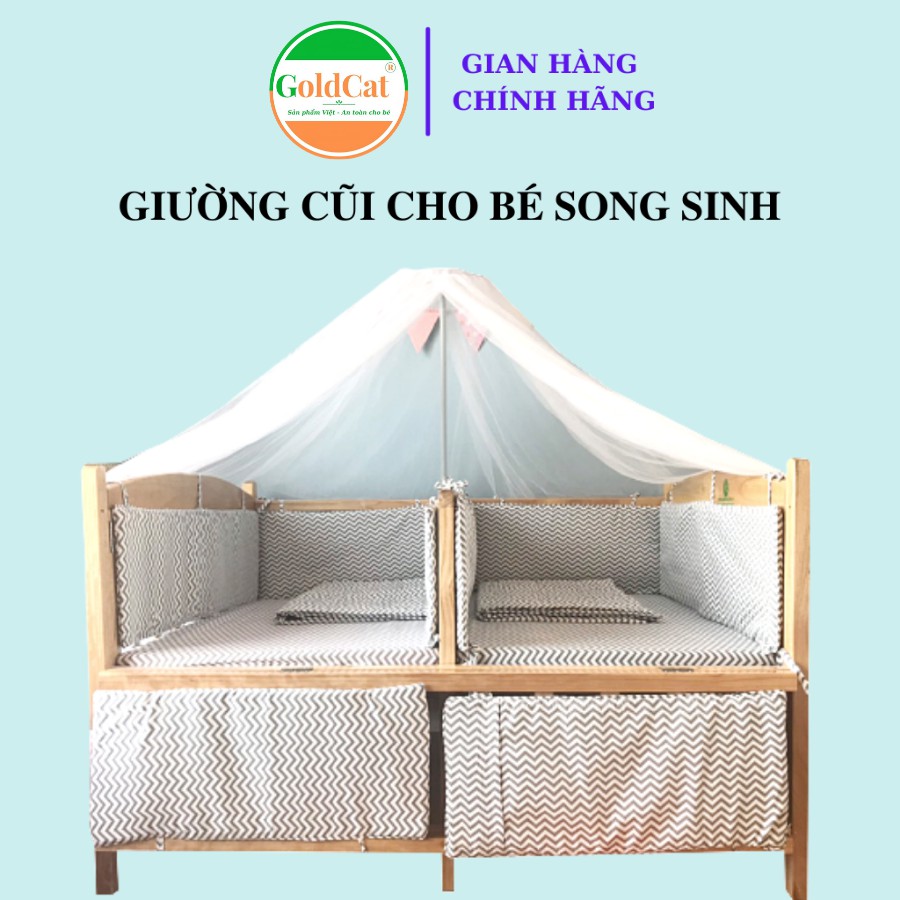 Cũi giường cho bé sinh đôi  thương hiệu Goldcat - chất liệu gỗ quế tự nhiên-bảo hành 3 năm.