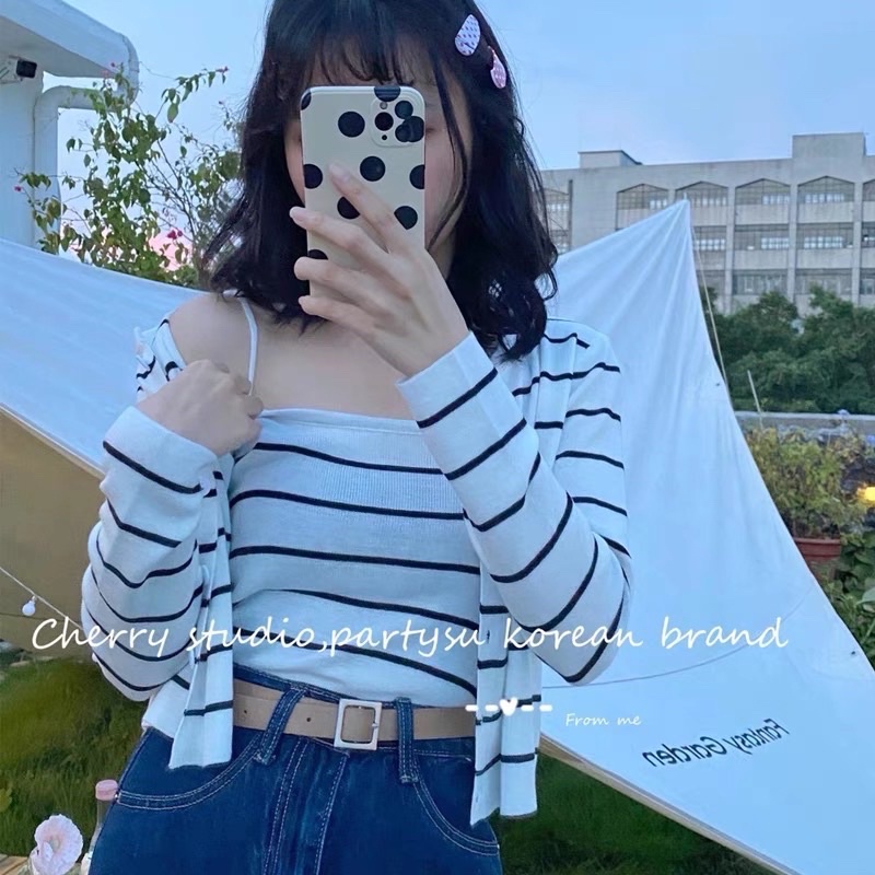 Set áo len kẻ basic - set len dệt kim gồm áo 2s và áo khoác ngoài