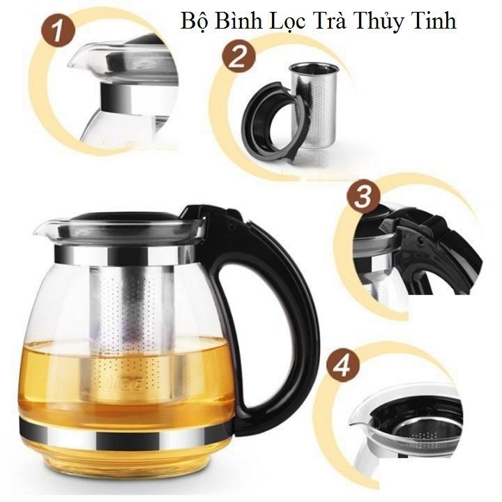 Bộ Bình Lọc Trà Thủy Tinh Kèm 4 Ly Lưới Lọc Inox