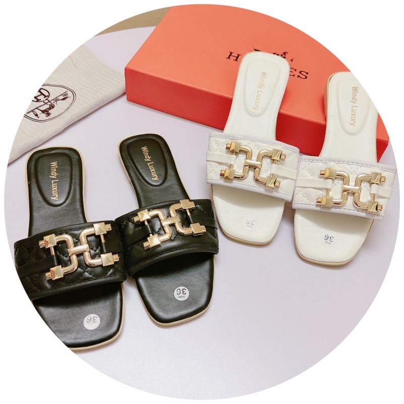 Dép lê nữ đế bằng quai chần chỉ khoá DC vàng-Ảnh thật