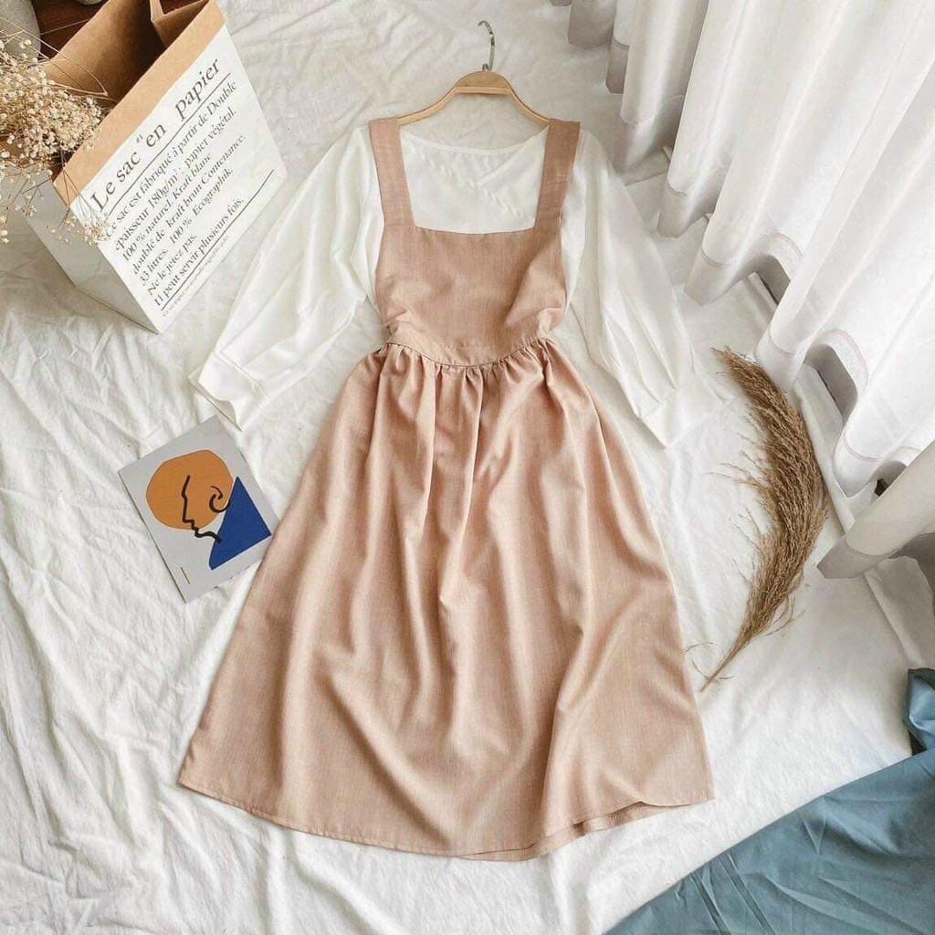 SET YẾM NUDE BABYDOLL + ÁO CỔ V CHÉO TAY PHỒNG