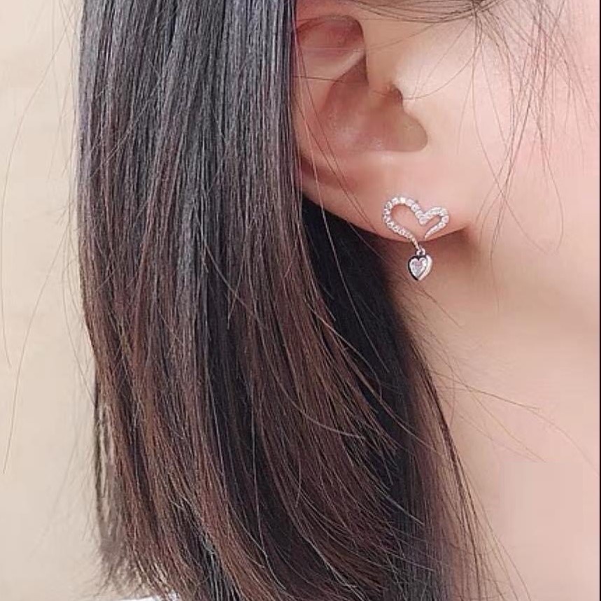 Khuyên tai bạc nữ cao cấp hình trái tim đính đá Evasilver, chất liệu bạc ta sang trọng nữ tính