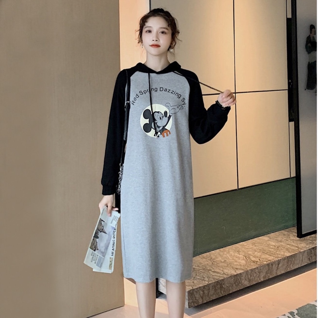 Váy xuông dài , váy suông bầu thu đông chất nỉ da cá Gemmy House mickey mũ dài tay