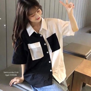 Áo sơmi phối màu hai túi ngực -C