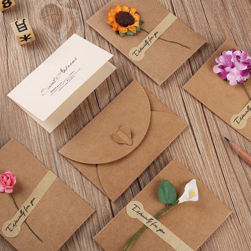 Combo 50 Thiệp Giấy Trang Trí Hoa Thủ Công, Thiệp Handmade Giấy Kraft Vintage Quà Tặng Sinh Nhật, Lễ Tình Nhân