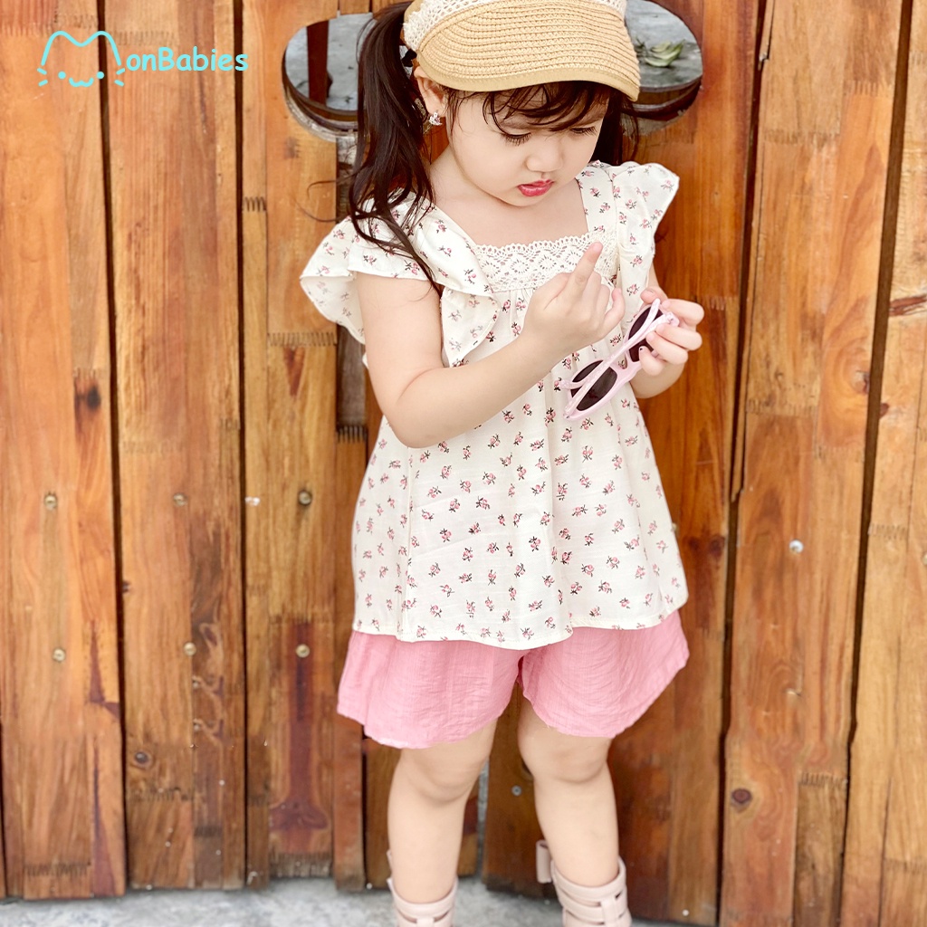 Quần áo bé gái 1-6 tuổi chất đũi tằm họa tiết hoa nhí MonBabies VL73-P - Bộ cộc tay thời trang trẻ em cao cấp chính hãng
