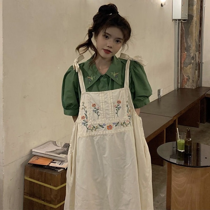 Set Áo Sơ Mi Ngắn Tay Thêu Hoa + Váy Yếm Ren Phong Cách Retro Mới Cho Nữ