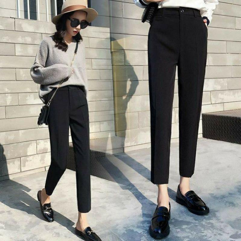 Quần tây baggy nữ đi học cạp lưng cao vải màu đen dáng dài ống thẳng