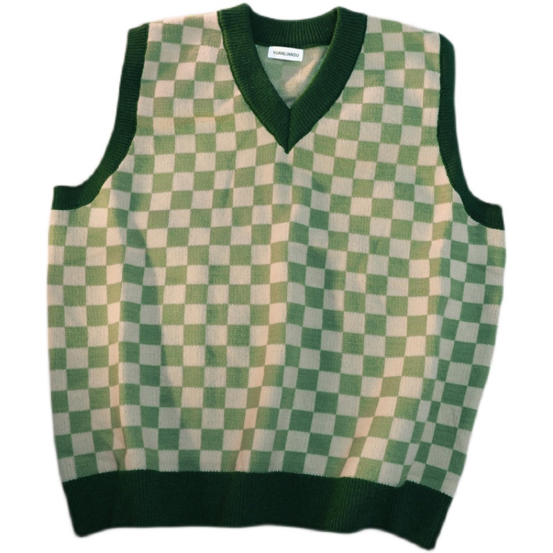 Áo len không tay dáng rộng họa tiết sọc caro thời trang Hàn quốc