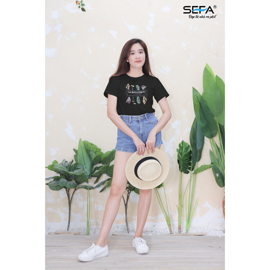 Áo thun nữ SEFA cộc tay, in hình hoa lá 100% cotton thoáng mát SFA2203