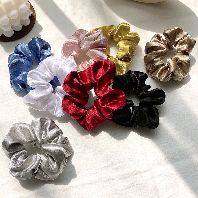 Scrunchies Dây Cột Tóc Vải Lụa Mịn Phi Bóng Ánh Kim