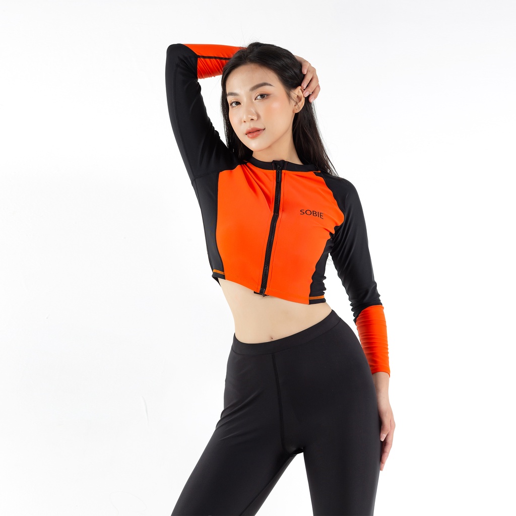 Áo Bơi Nữ Croptop Khóa Kéo Tay Dài - Black Orange Sobie