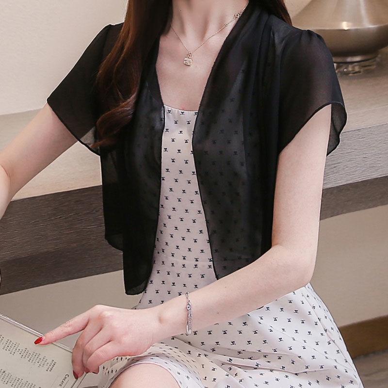 Áo Khoác Cardigan Vải Voan Mỏng Tay Ngắn Thoáng Mát