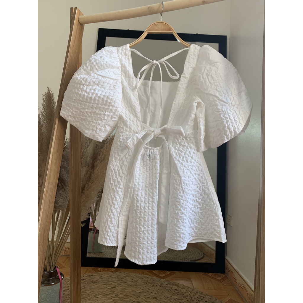Set Áo Babydoll trắng cổ vuông buộc nơ lưng chất xốp chuẩn hàng QC cao cấp