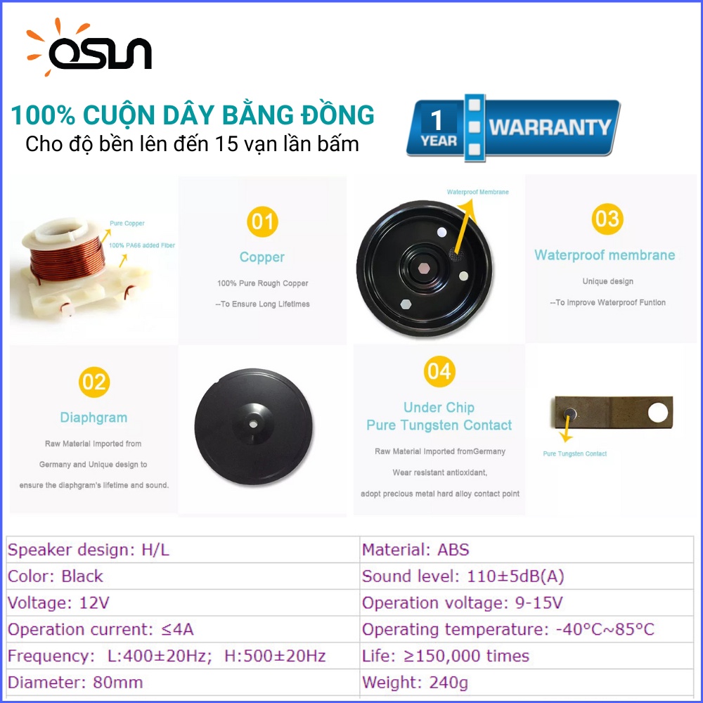 Còi sên Ô tô - Còi Sên Chống Nước Công Nghệ Nhật Bản| ODL168 Chính Hãng OSUN Bảo Hành 12 Tháng