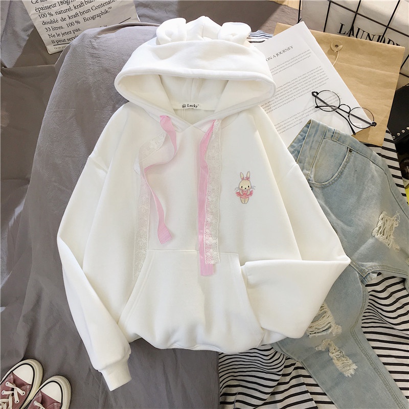 Áo hoodies có nón dài tay thêu hình tai thỏ dễ thương