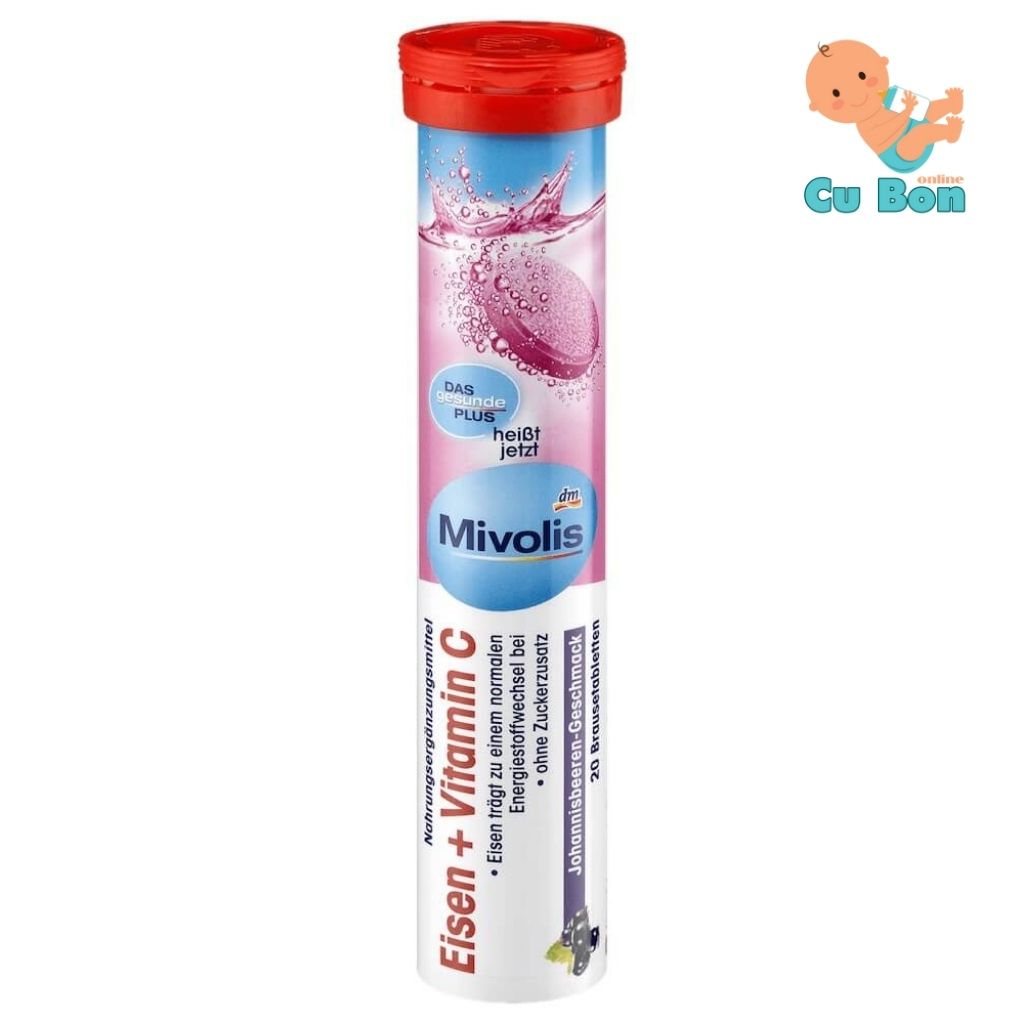 Viên Sủi Mivolis Bổ Sung Sắt Và Vitamin C Eisen của Đức hộp 20 viên hương trái cây Cassis Geschmack Ngăn ngừa thiếu máu