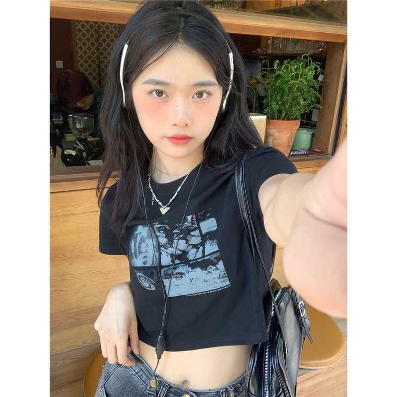 Áo thun XIAOZHAINV tay ngắn dáng ôm phong cách retro Hàn Quốc cho nữ