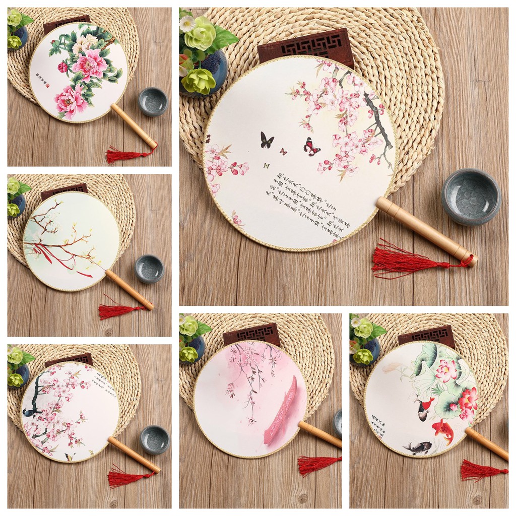 Quạt tròn cổ trang cán vàng in hình THUYỀN CÁ HOA ĐÀO MẪU ĐƠN SONG ĐIỆP DẢI LỤA BẠCH THIỂN cầm tay cosplay
