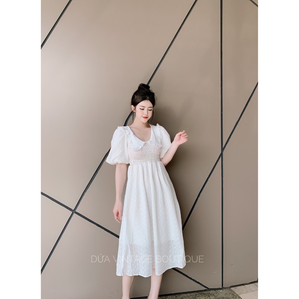 Váy maxi trắng tay cộc cổ bẻ cao cấp | BigBuy360 - bigbuy360.vn