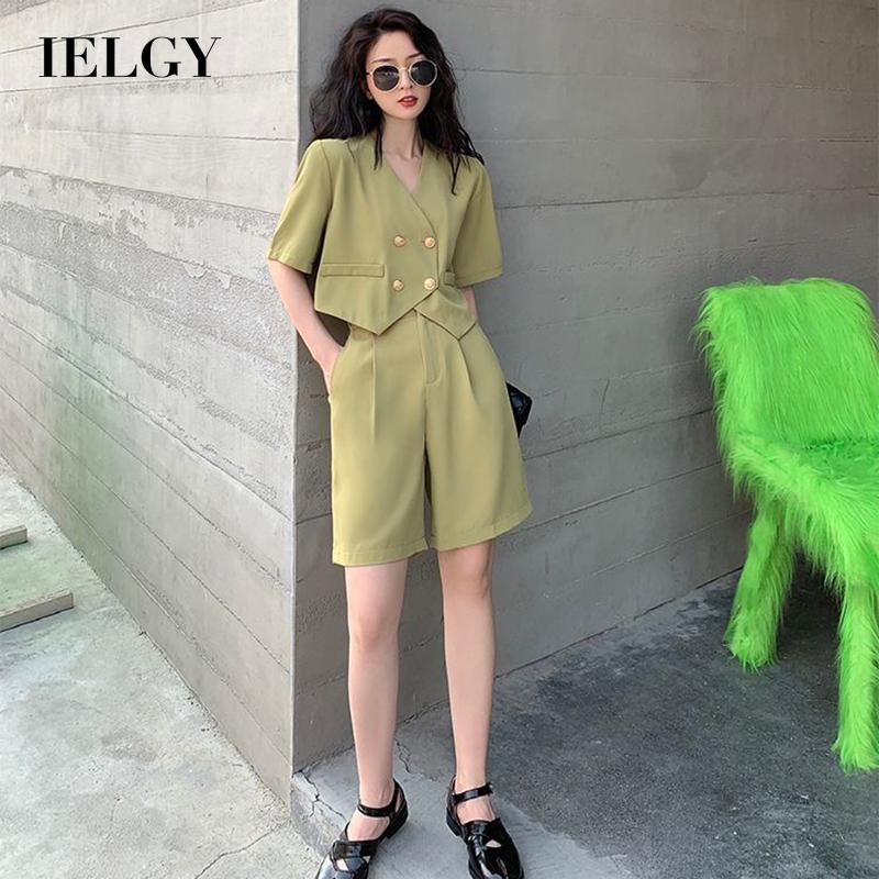 IELGY Bộ Áo Khoác Tay Ngắn + Quần Dài Eo Cao Ống Rộng Thời Trang Cho Nữ