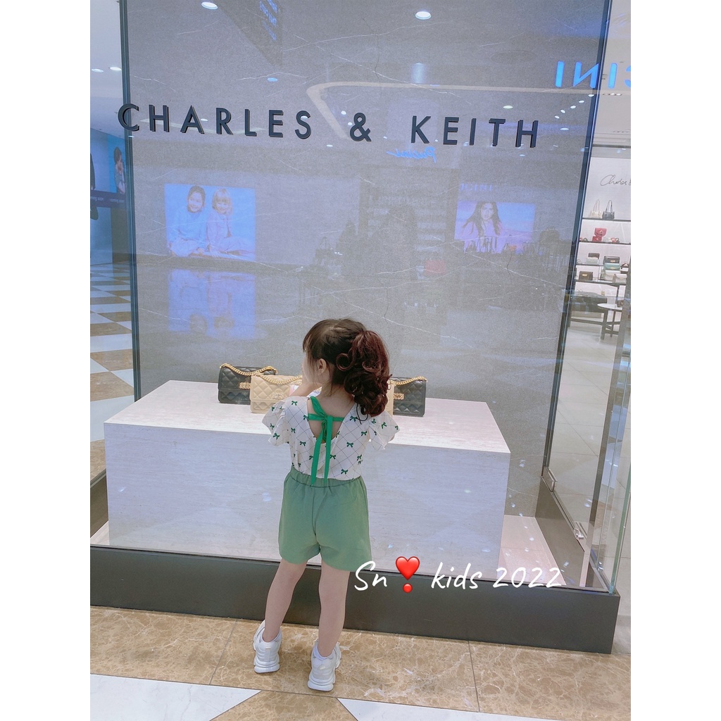 Bộ cộc tay bé gái, Bộ mùa hè đi chơi chất đũi nơ lưng kèm quần thô giả váy