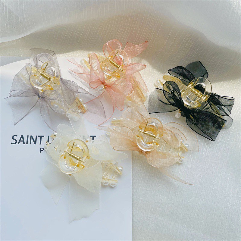 Kẹp tóc vải thắt nơ lưng đính ngọc trai phong cách hàn quốc cho nữ