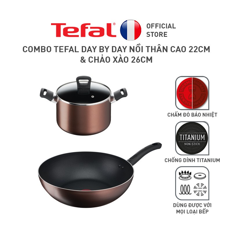 Combo Tefal Day By Day Nồi thân cao 22cm &amp; Chảo xào 26cm