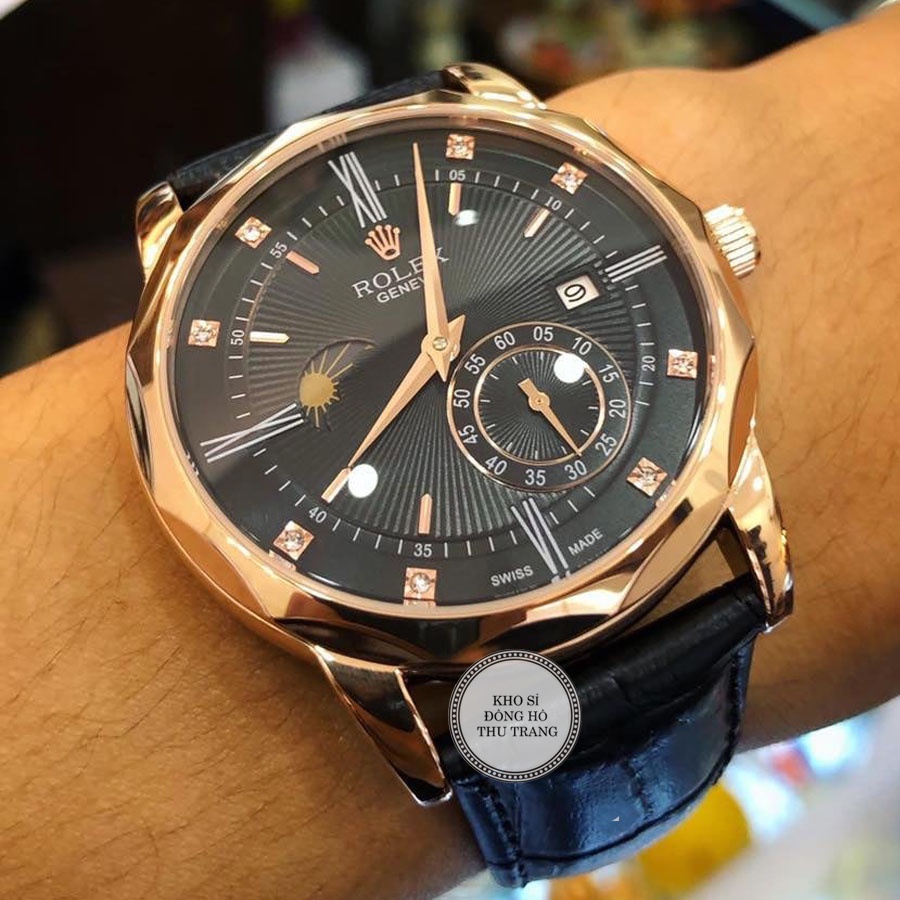 Đồng hồ Nam Rolex máy nhật, mẫu 3kim cắt vát mặt đen viền vàng dây da, dòng cơ Automatic size 40mm-41mm | BigBuy360 - bigbuy360.vn