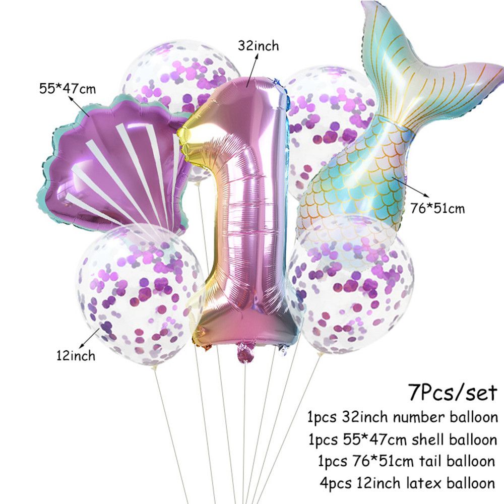 JANE 7pcs/lot Baby Shower Mermaid Tail Balloon Gradient Color Decoration Supplies Number Foil Balloons Large Helium Globos Kids 32 inch Birthday Party