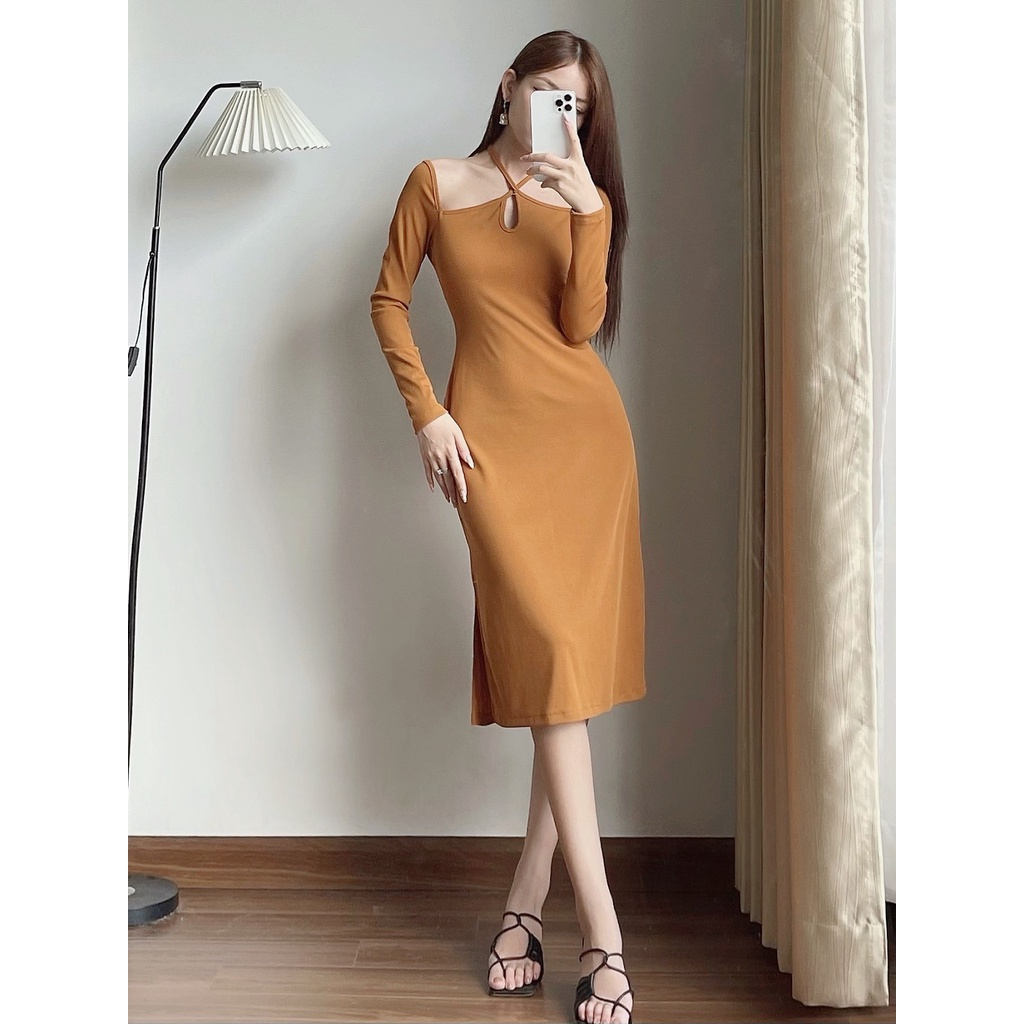 Váy len tăm cổ yếm giọt lệ buộc dây sau LYRA thiết kế, kiểu dáng ôm dài tiểu thư-LWTVD556