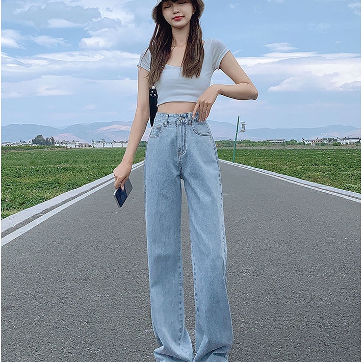 Quần jean ống rộng lưng cao phong cách cổ điển Hàn Quốc