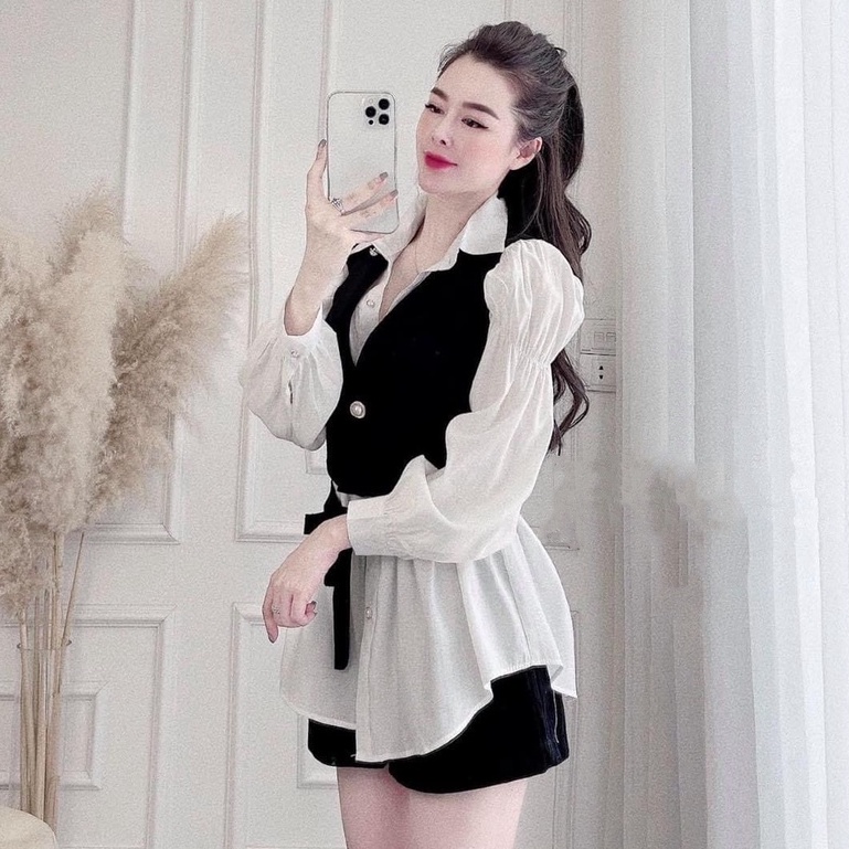 [ÁO SƠ MI] Kiểu Nữ Mix Đen 2 Chi Tiết, Áo Nữ Phong Cách Hàn Quốc Phối Chân Váy, Quần Jeans Siêu Ngầu | BigBuy360 - bigbuy360.vn