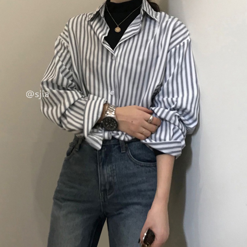 SUXI Áo Kiểu Tay Dài Dáng Rộng Hoạ Tiết Kẻ Sọc Phong Cách Retro