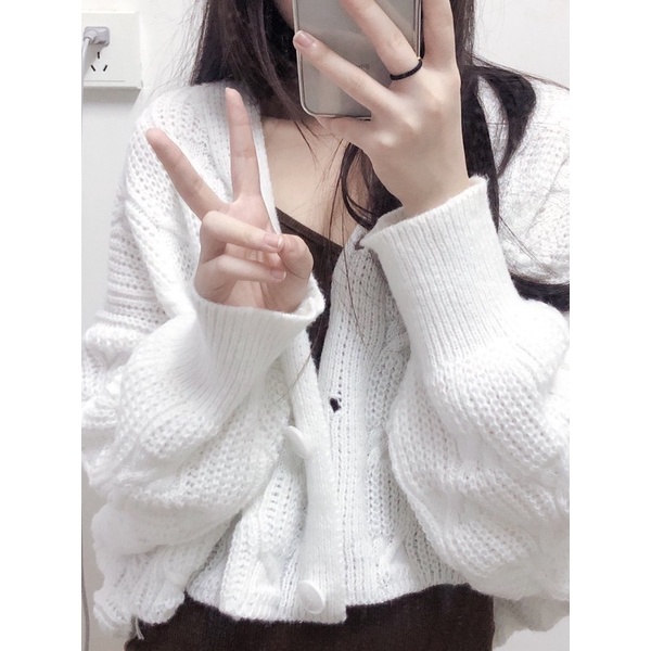 Áo cardigan vặn thừng - sơ mi trăngs tay ngắn phối túi