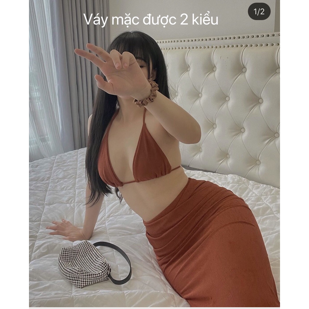 Set áo váy rút dây bụng kèm găng tay sang chảnh Đầm đi biển xinh xắn S14