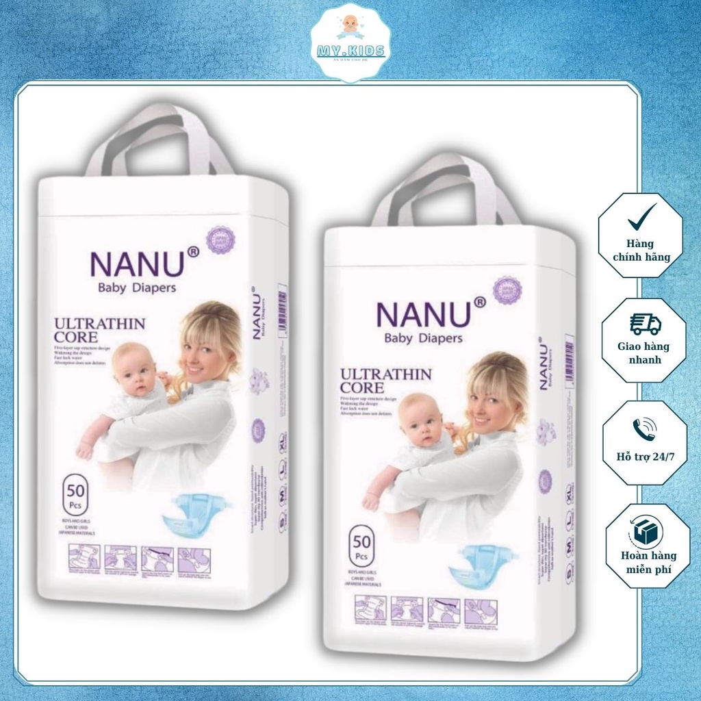 Bỉm, tã quần dán Nanu siêu thấm đủ size cho bé M/ L/ XL/ XXL/ XXXL 1 bịch 50 miếng