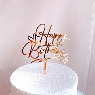 Que topper HPBD mica chữ uốn + 2 tim hồng_Phụ kiện trang trí bánh sinh nhật