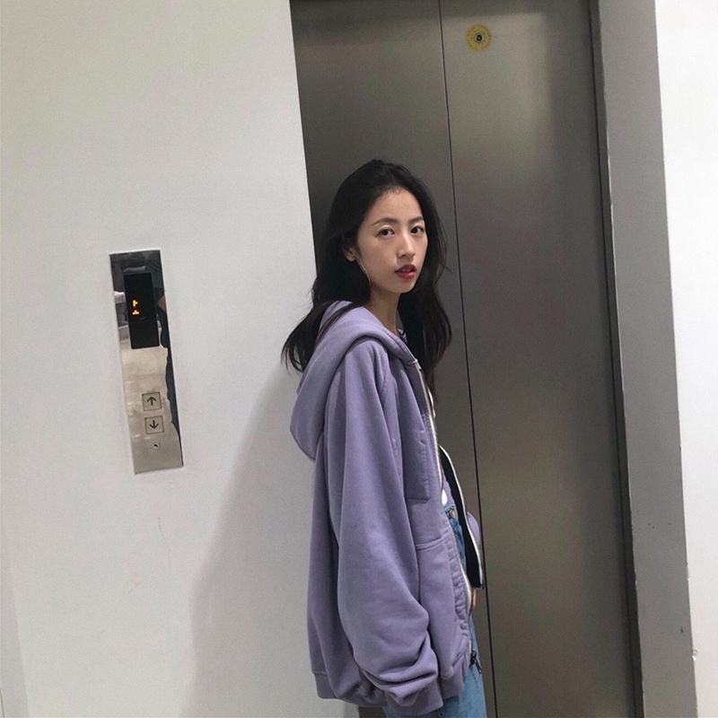 Áo khoác hoodie IELGY dáng rộng có mũ trùm màu tím taro phong cách cổ điển cho nữ