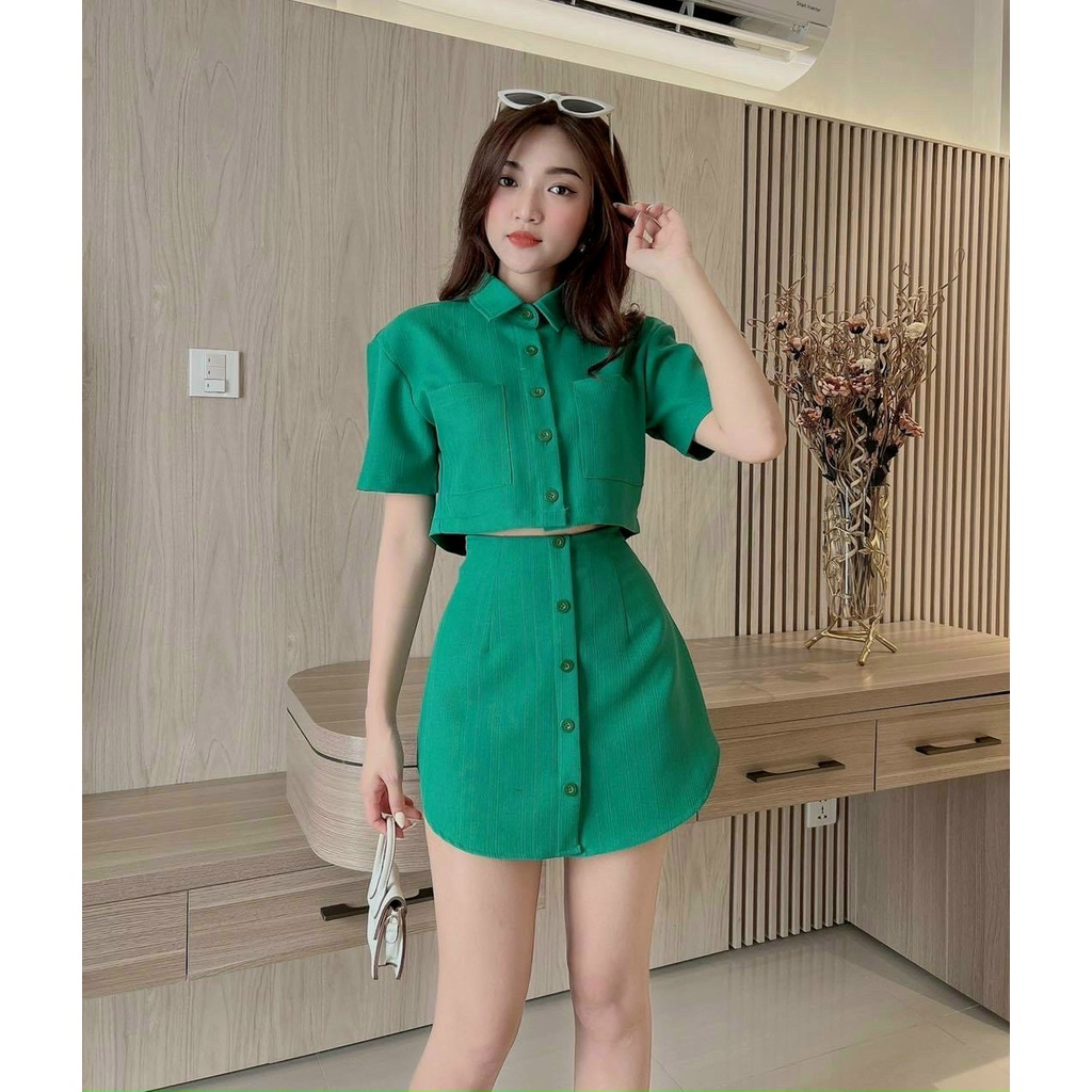 (Miễn Phí Ship)Sét sơ mi croptop có túi phối chân váy from A,thiết kế nhẹ nhàng tinh tế chất tuyết mưa cao cấp