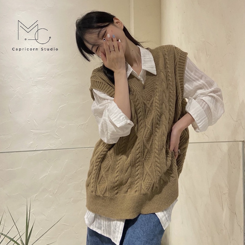 Áo gile len vặn thừng màu nâu tây phong cách retro thanh lịch cho mùa thu