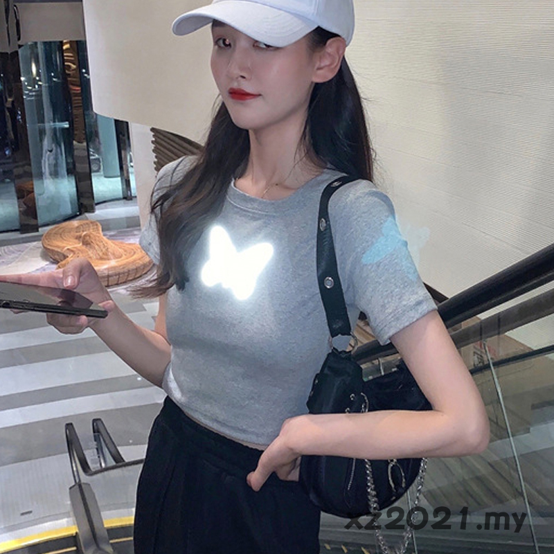 Áo Crop Top Nữ In Hình Bướm Màu Trắng Đen