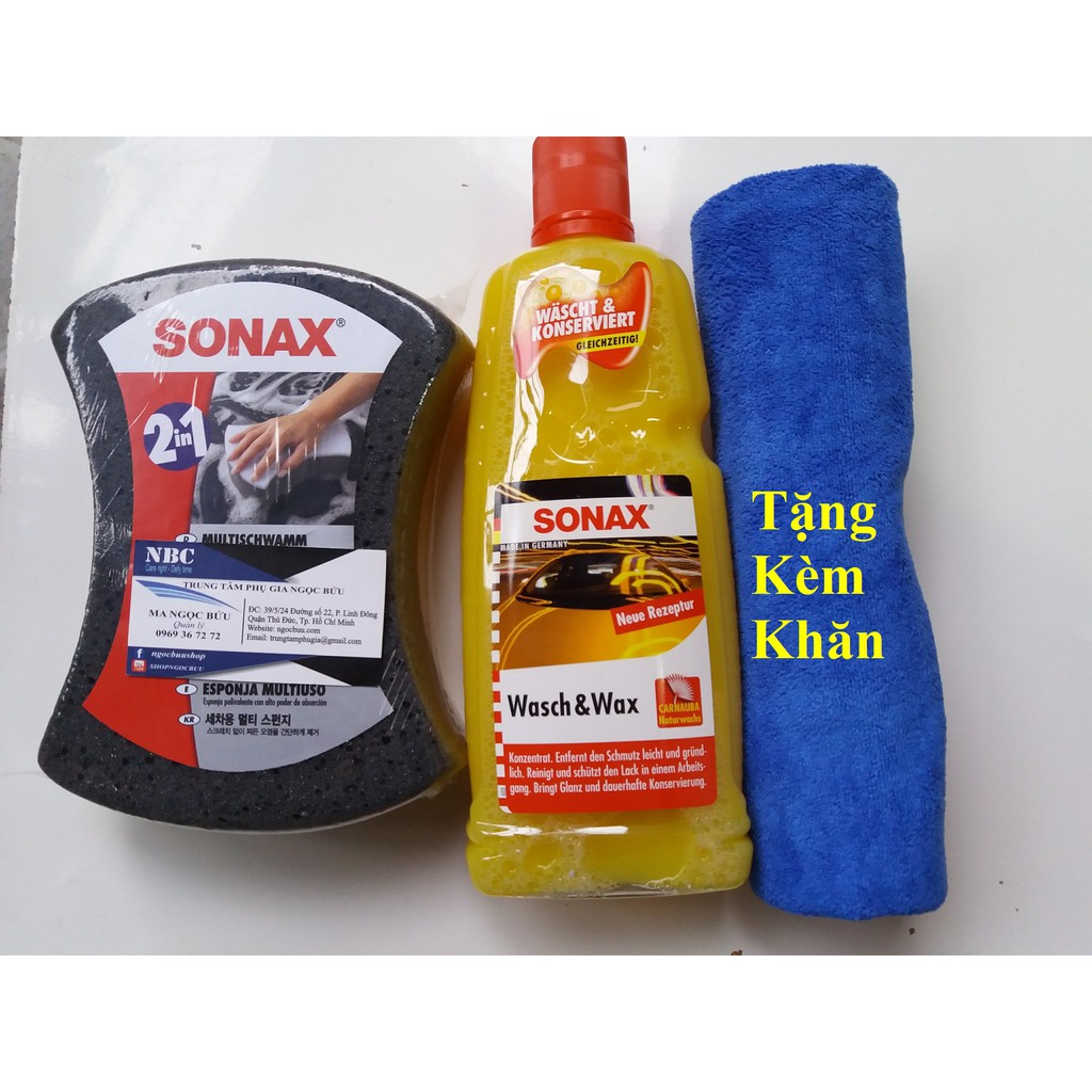 Combo rửa xe Sonax &amp; Wax bóng 313341 và Bọt biển Sonax (Tặng khăn lau khô).