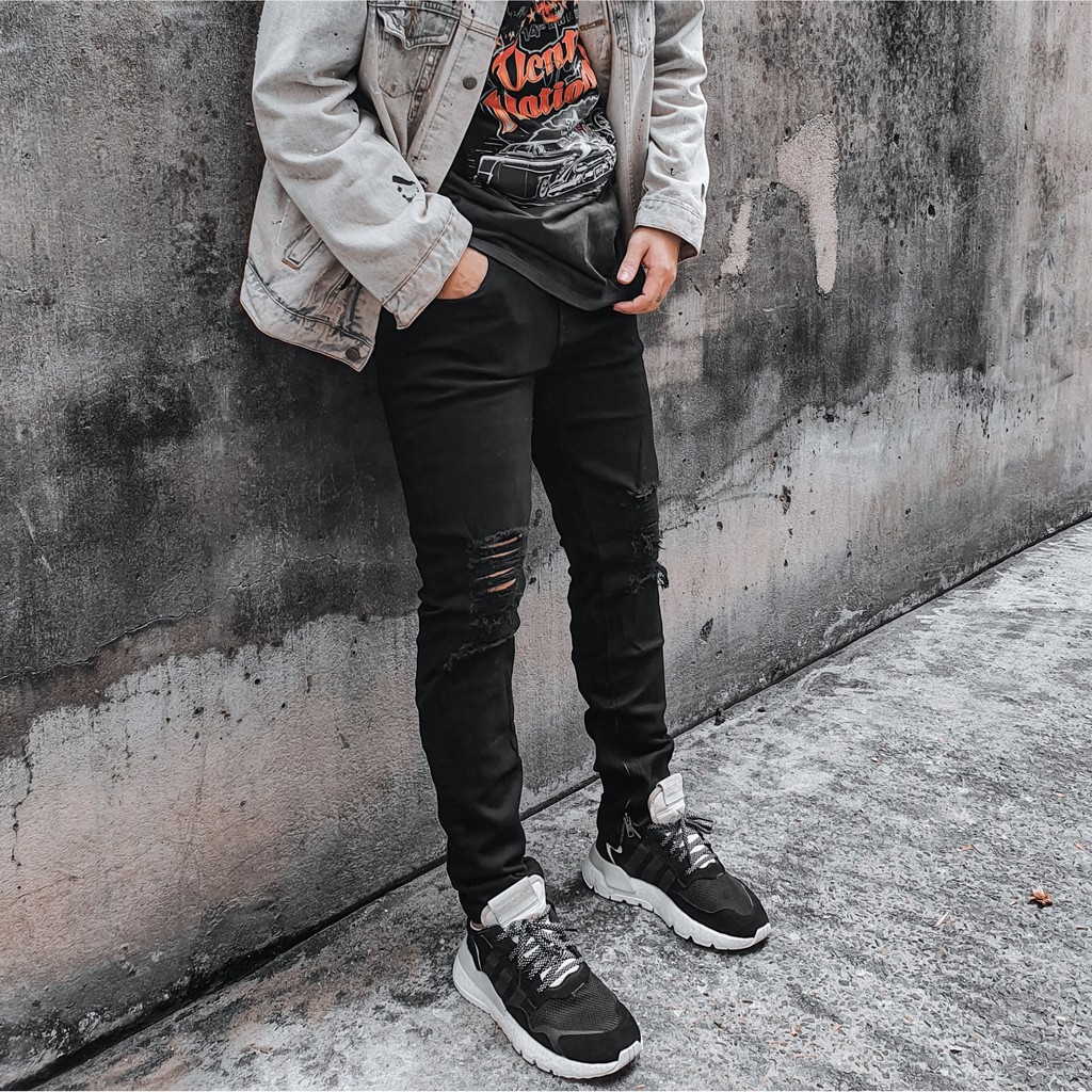 Quần jean đen nam Streetwear DATINO form Skinny co giãn ống khóa Zipper, bền màu